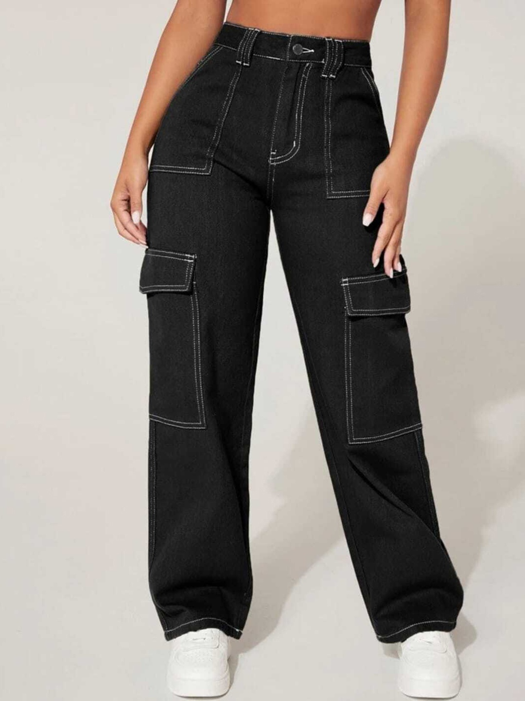 

Next One Women Black Smart Wide Leg High-Rise Clean Look Stretchable Jeans