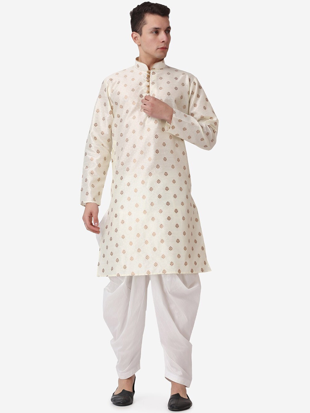 

ROYAL KURTA Ethnic Motifs Printed Mandarin Collar Regular Kurta With Salwar, Beige