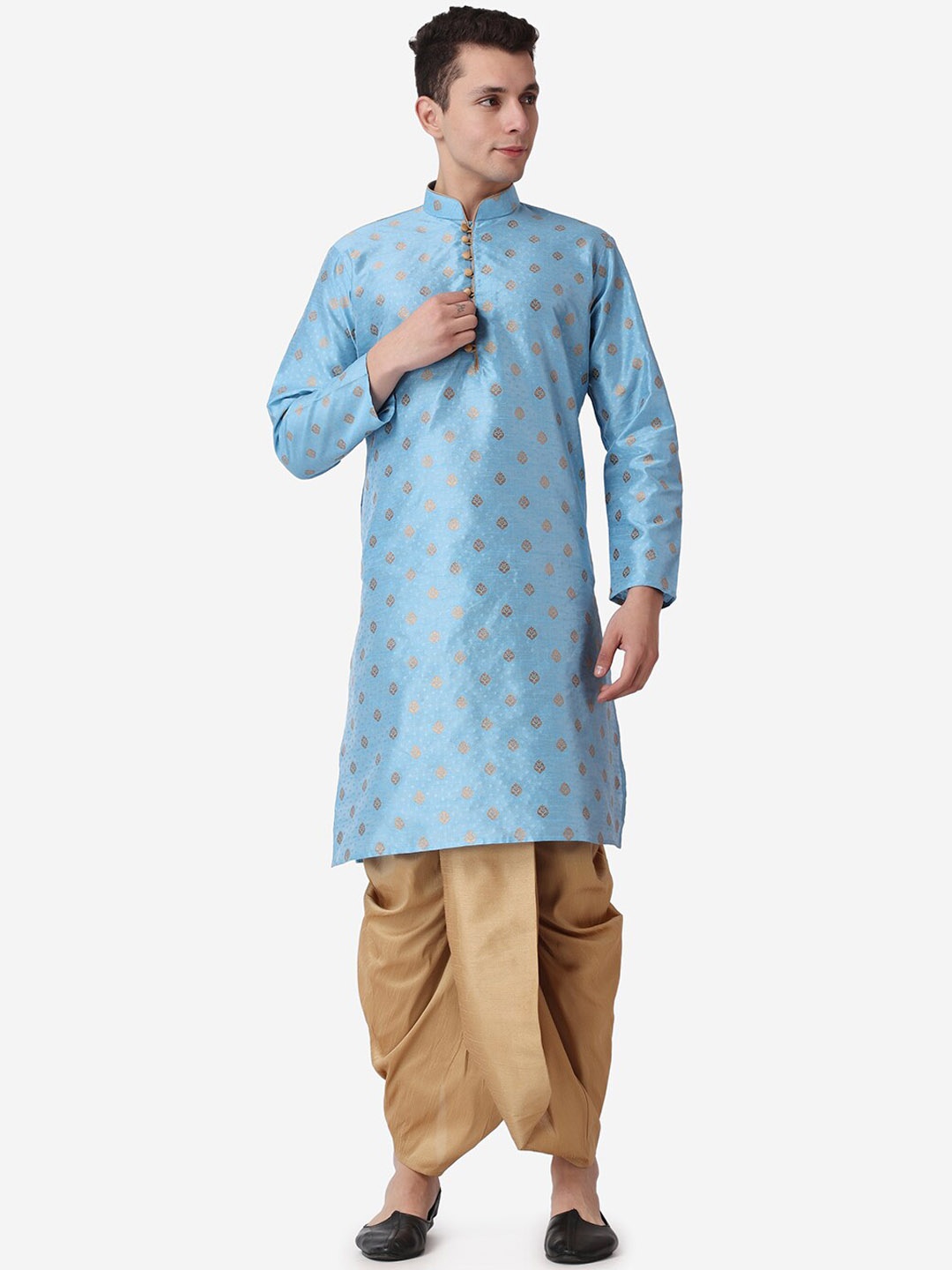 

ROYAL KURTA Ethnic Motifs Printed Mandarin Collar Regular Kurta With Dhoti Pants, Blue