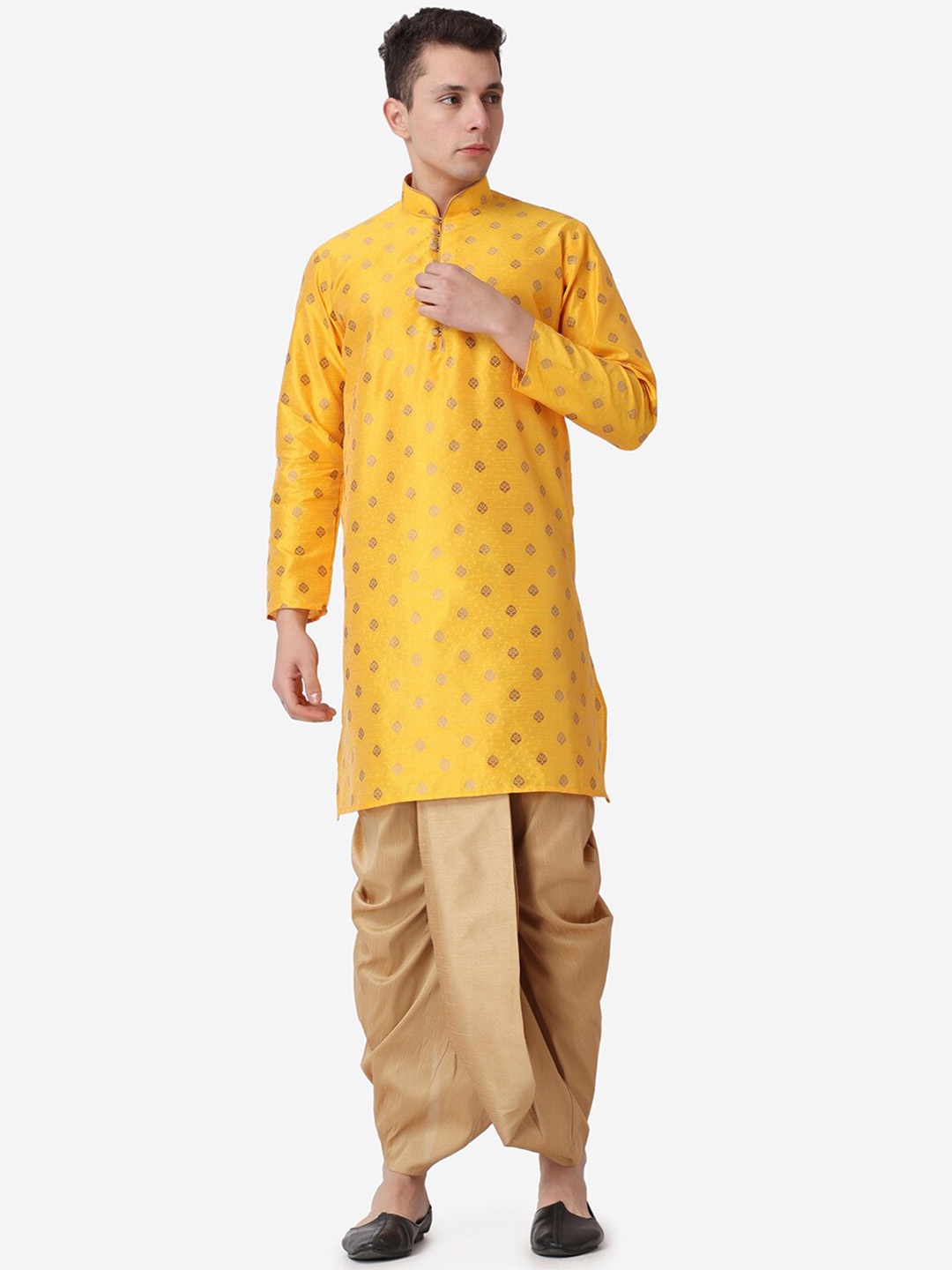 

ROYAL KURTA Ethnic Motifs Printed Mandarin Collar Regular Kurta With Dhoti Pants, Mustard