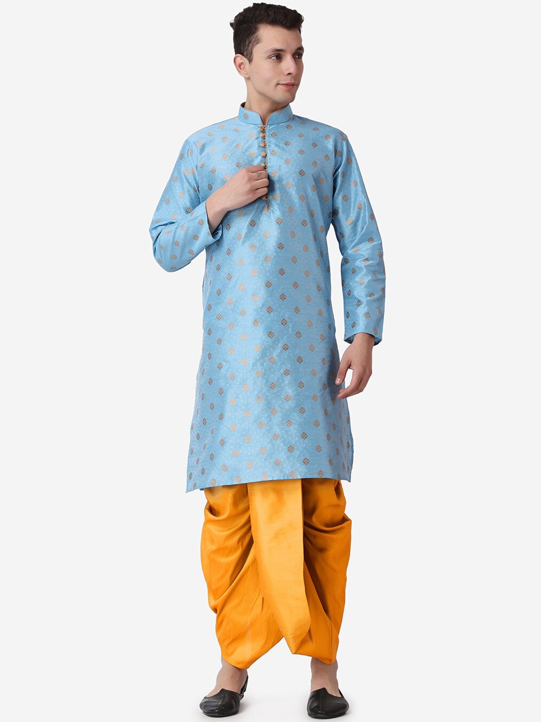 

ROYAL KURTA Ethnic Motifs Printed Mandarin Collar Regular Kurta With Dhoti Pants, Blue