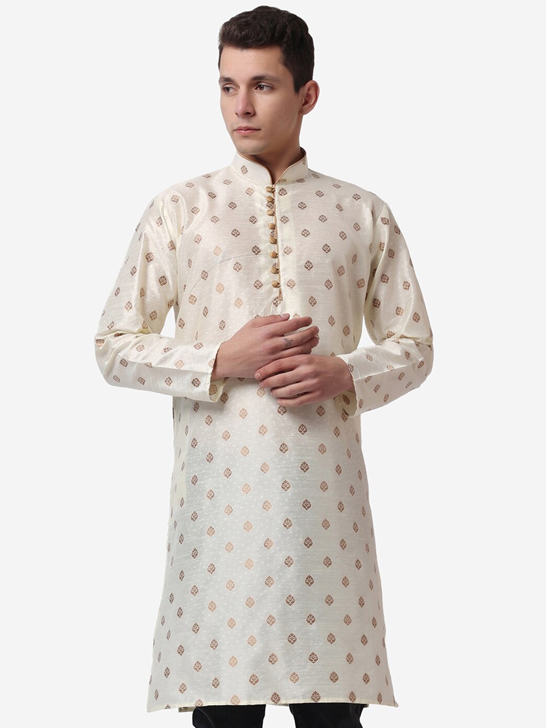 

ROYAL KURTA Ethnic Motifs Printed Mandarin Collar Jacquard Straight Kurta, Gold