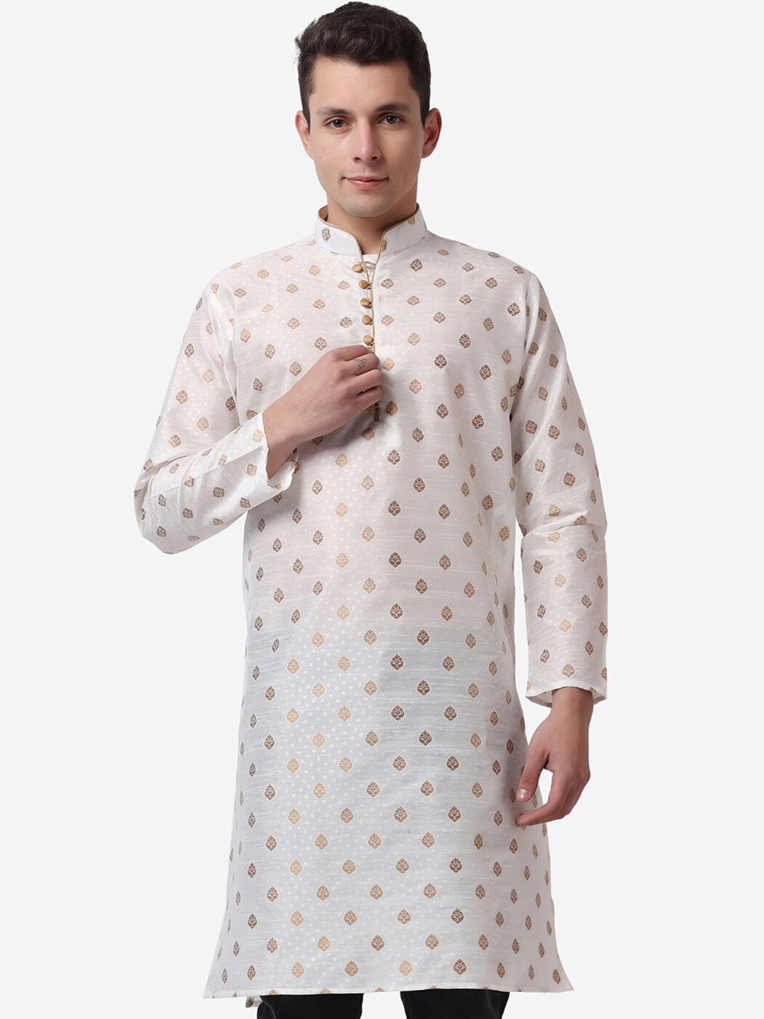 

ROYAL KURTA Floral Printed Jacquard Straight Kurta, Beige