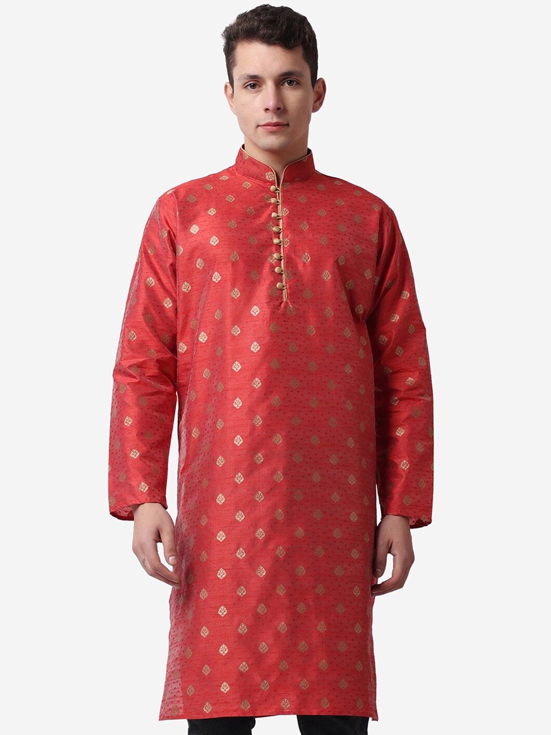 

ROYAL KURTA Ethnic Motifs Printed Mandarin Collar Jacquard A-Line Kurta, Maroon