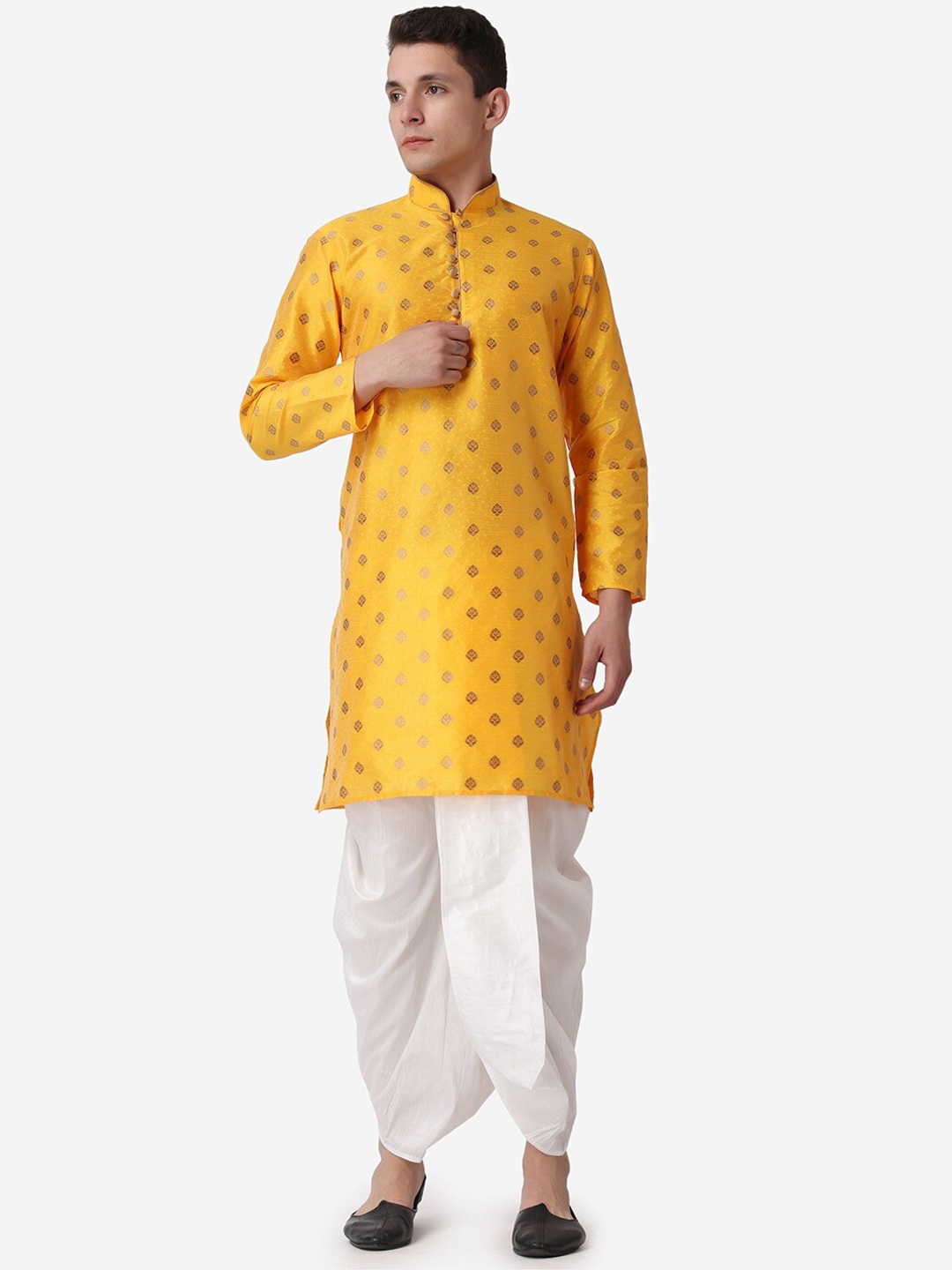 

ROYAL KURTA Ethnic Motifs Printed Mandarin Collar Kurta With Dhoti Pants, Mustard