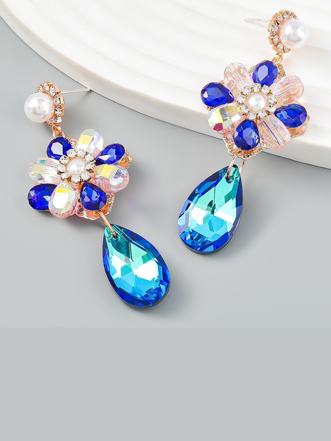 

AVANT-GARDE PARIS Gold Plated Stone Studded Floral Drop Earrings, Blue