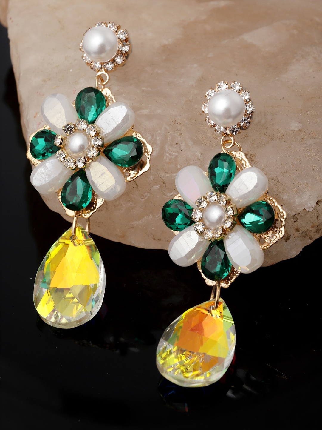 

AVANT-GARDE PARIS Gold-Plated Stone-Studded & Beaded Floral Drop Earrings