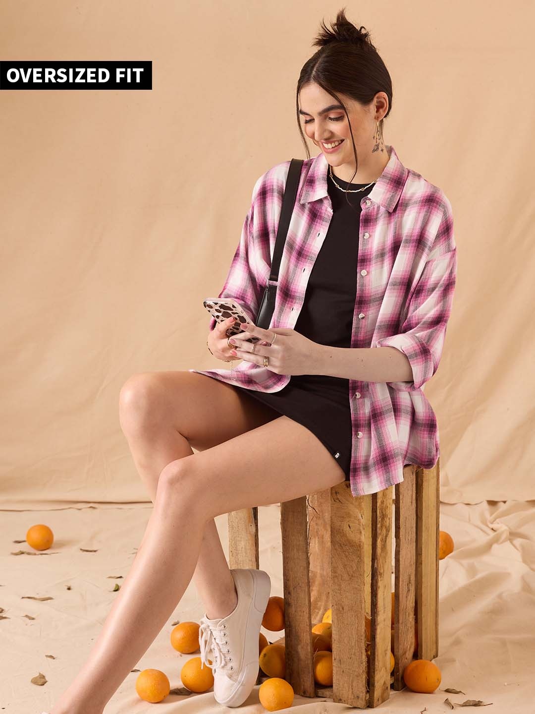 

The Souled Store White & Pink Relaxed Checked Pure Cotton Oversized Casual Shirt