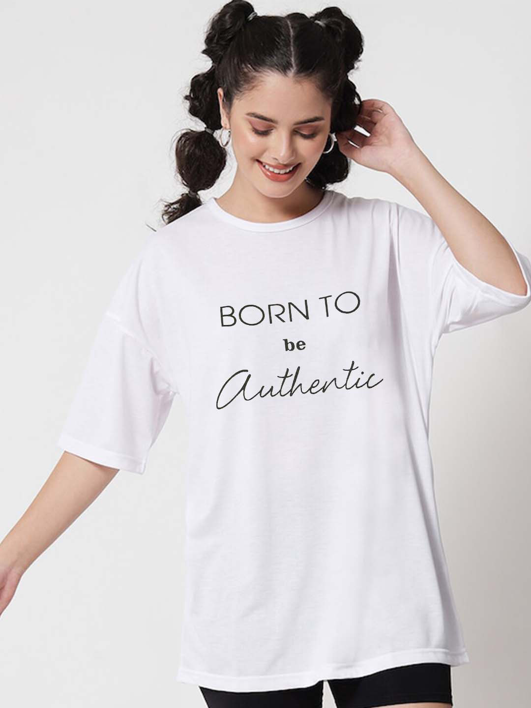

VIXENLY Typography Printed Extended Sleeves T-shirt, White