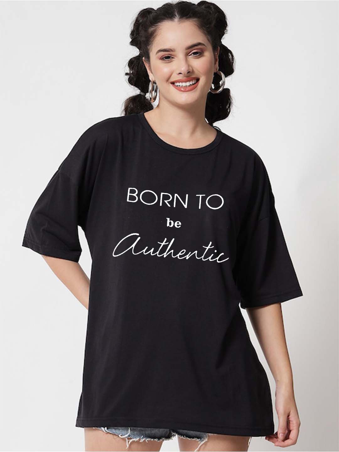 

VIXENLY Typography Printed Drop-Shoulder Sleeves T-shirt, Black