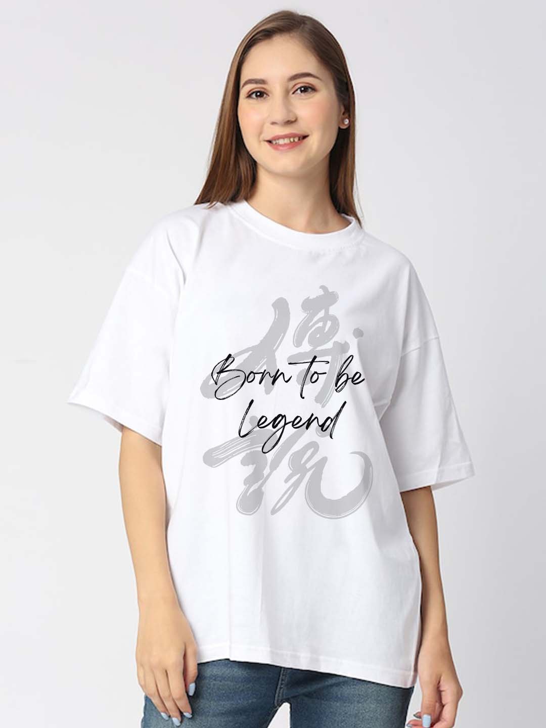 

VIXENLY Typography Printed Drop-Shoulder Sleeves T-shirt, White