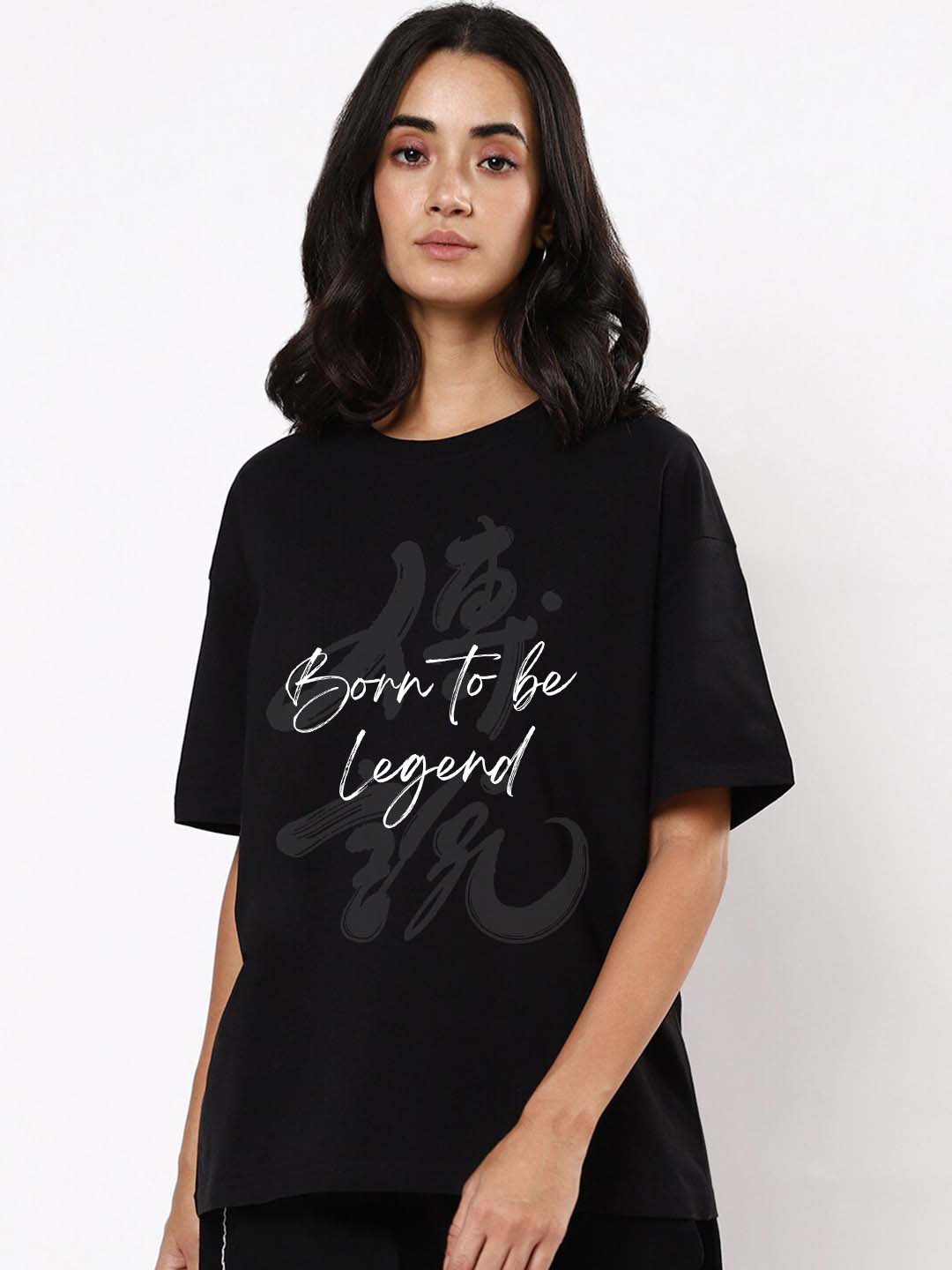 

VIXENLY Typography Printed Drop-Shoulder Sleeves T-shirt, Black