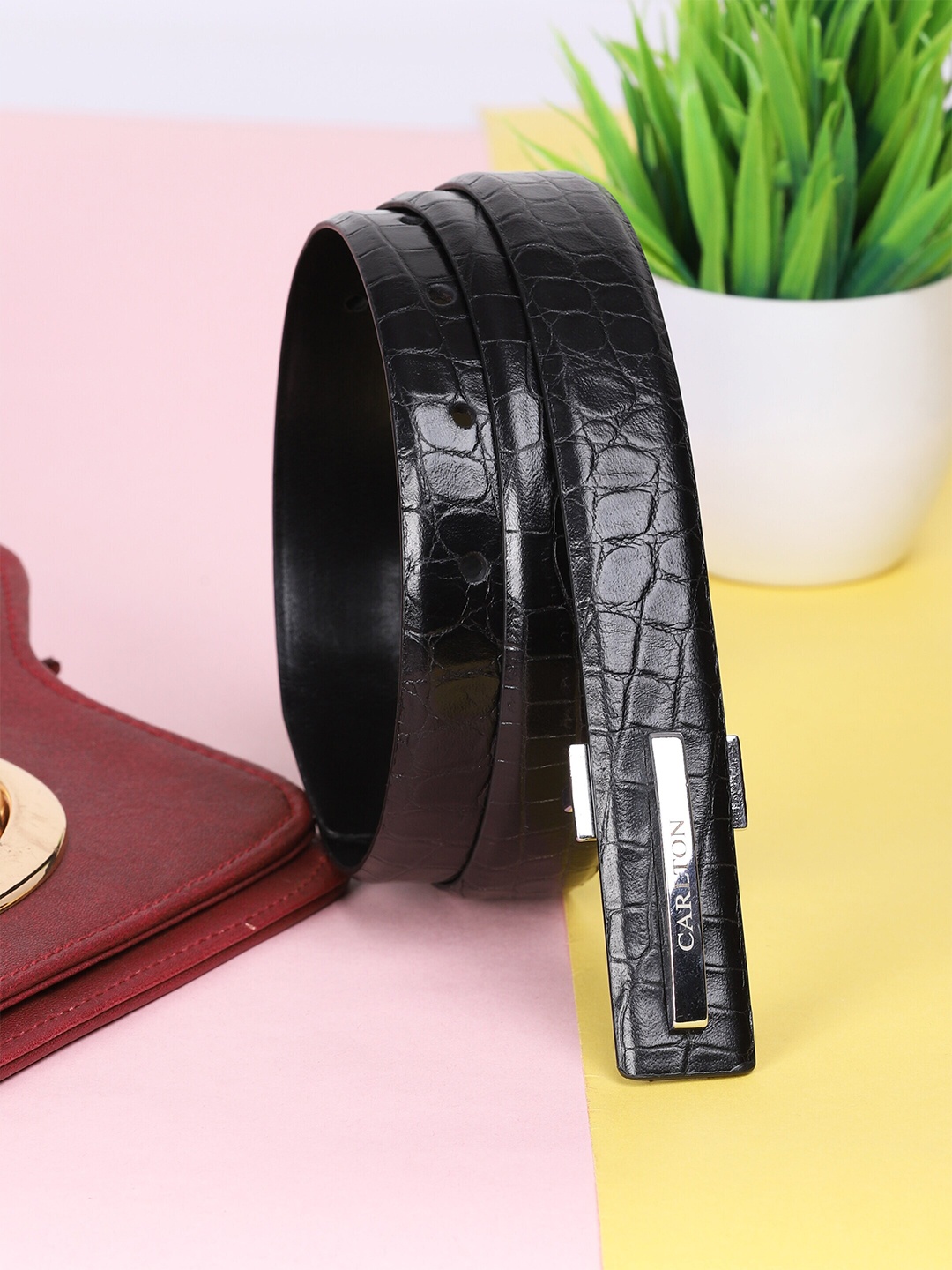 

Carlton London Women Genuine Leather Textured Belt, Black