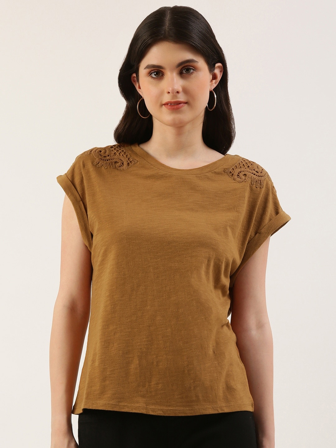 

HERE&NOW Extended Sleeves Embroidered Pure Cotton Top, Brown
