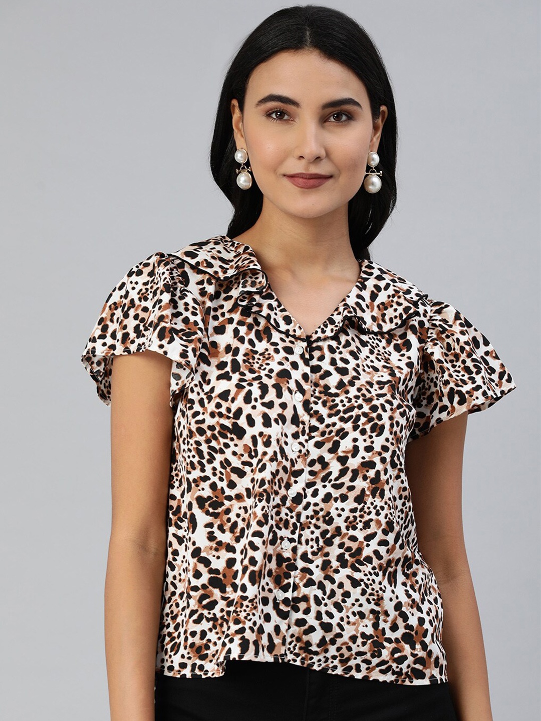 

HERE&NOW Animal Printed Flutter Sleeve Ruffles Shirt Style Top, Brown