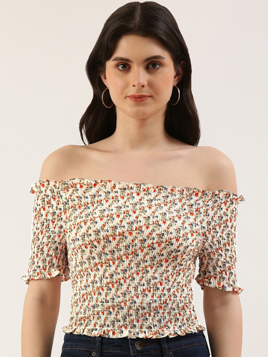 

HERE&NOW Floral Printed Off-Shoulder Smocking Bardot Top, White