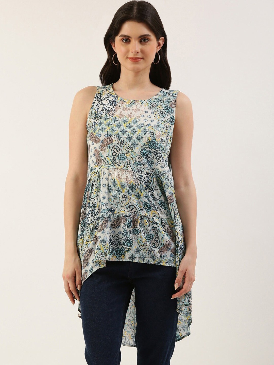 

HERE&NOW Ethnic Motifs Printed High-Low Longline Top, White