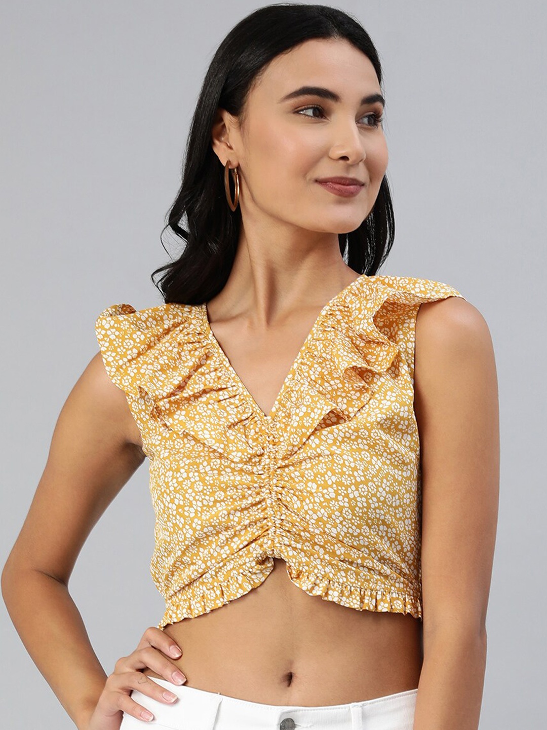 

HERE&NOW Floral Printed Ruffles Crop Top, Mustard