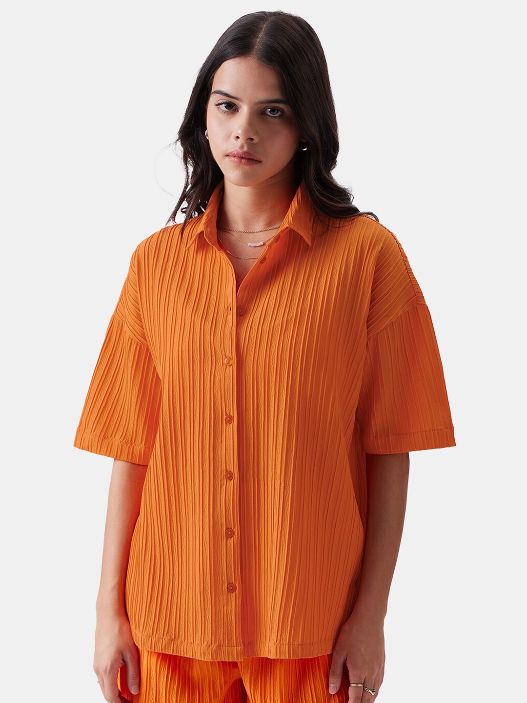 

The Souled Store Orange Relaxed Oversized Self Design Casual Pure Cotton Shirt