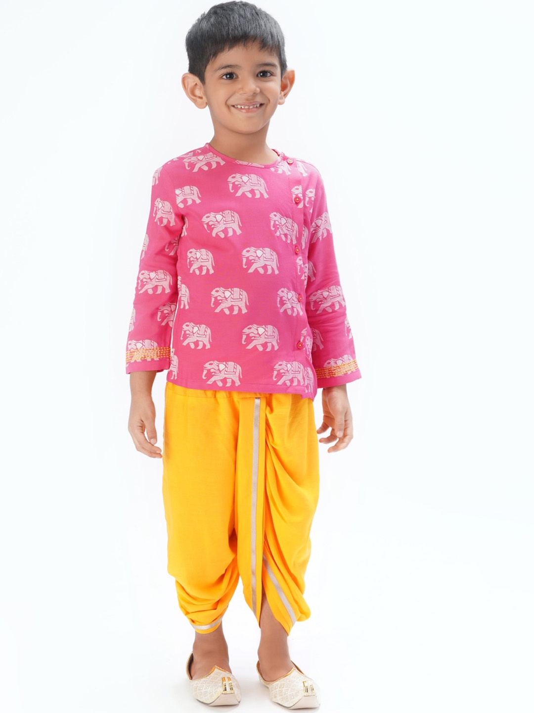 

LIL DRAMA Boys Ethnic Motifs Printed Gotta Patti Kurti With Dhoti Pants, Pink