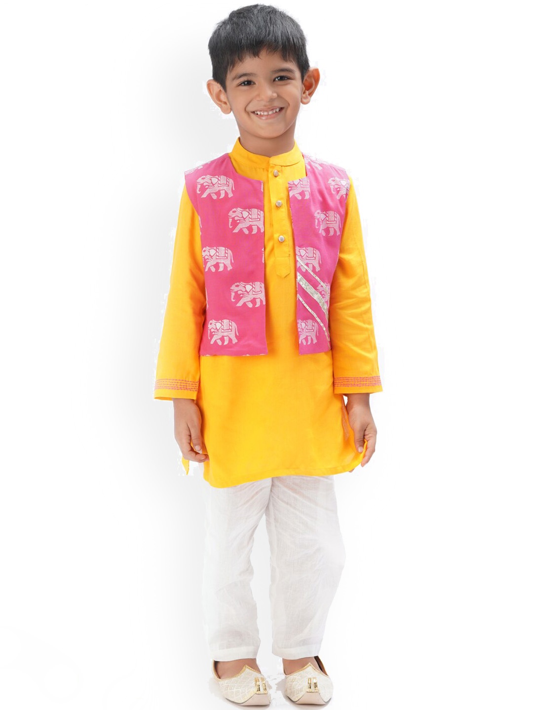 

LIL DRAMA Boys Mandarin Collar Kurta with Trousers & Jacket, Yellow