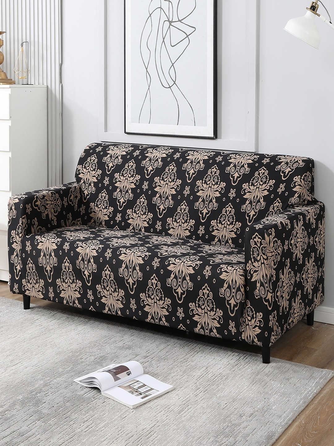 

HOKIPO Black & Beige Printed Stretchable Universal 3 Seater Sofa Cover