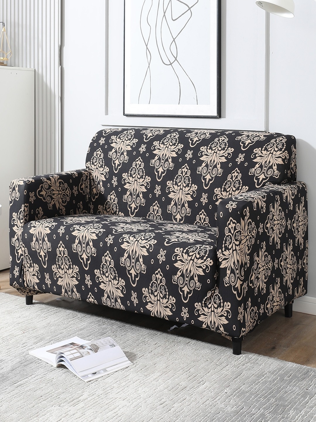 

HOKIPO Black Printed Stretchable Universal 2 Seater Sofa Cover