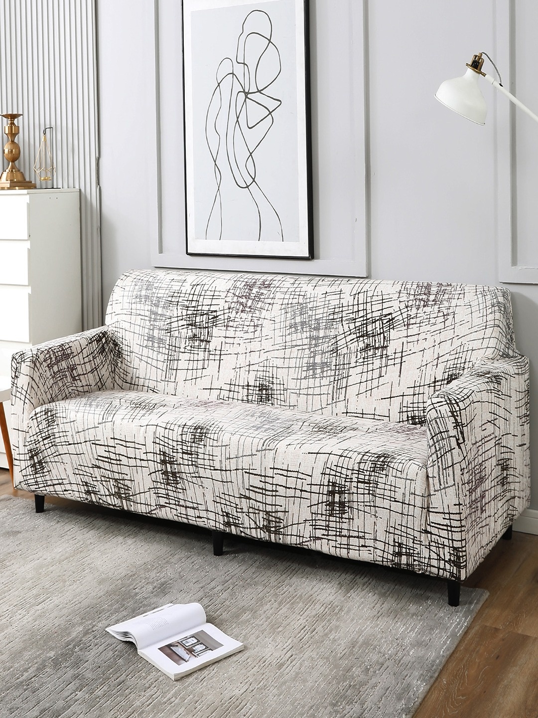 

HOKIPO Beige Printed Stretchable Universal 4 Seater Sofa Cover