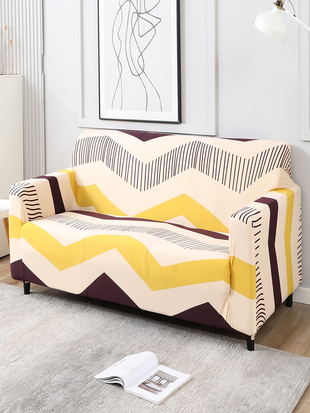 

HOKIPO Beige & Yellow Printed Stretchable Universal 3 Seater Sofa Covers