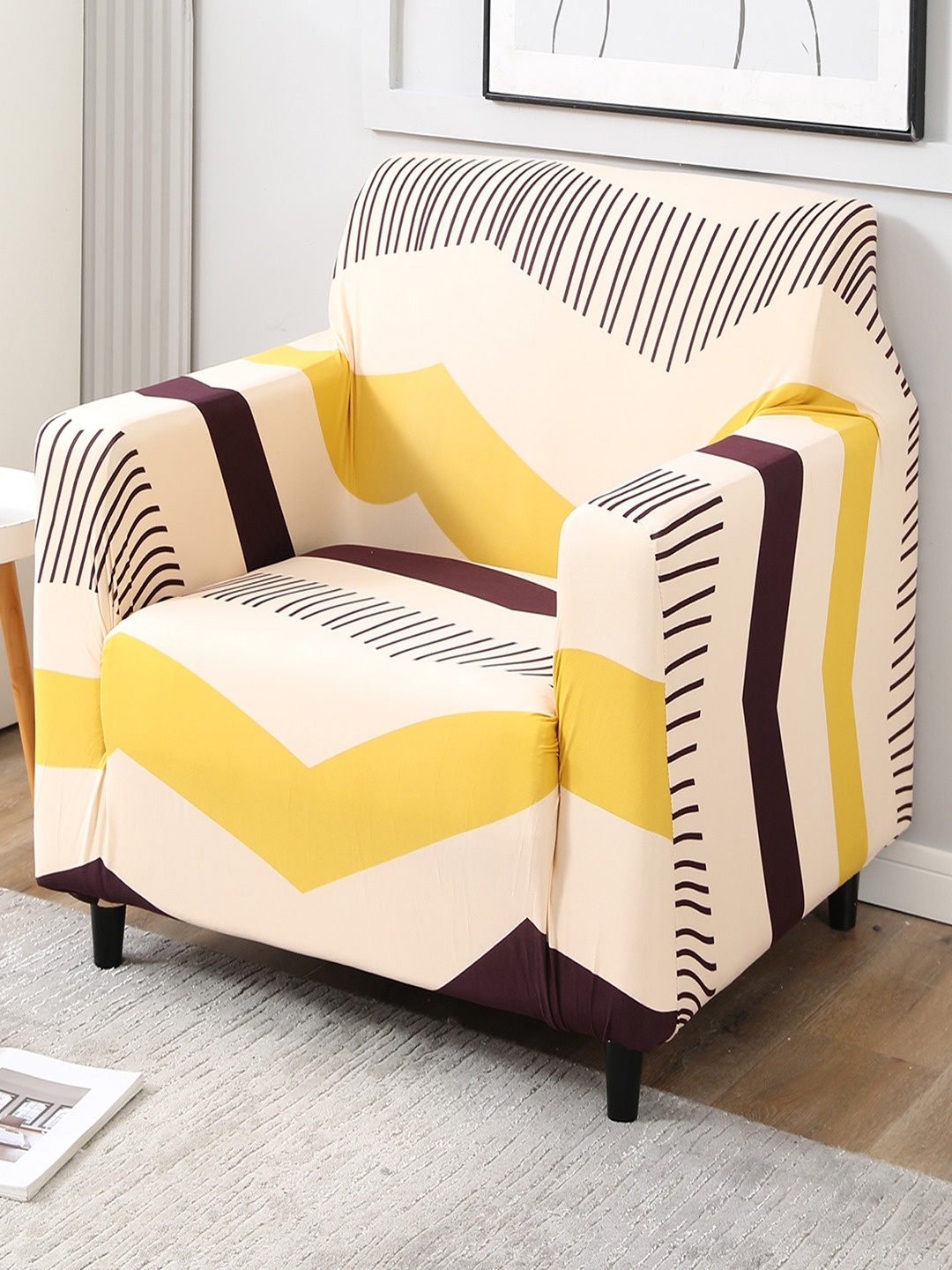 

HOKIPO Beige Printed Stretchable Universal 1 Seater Sofa Covers
