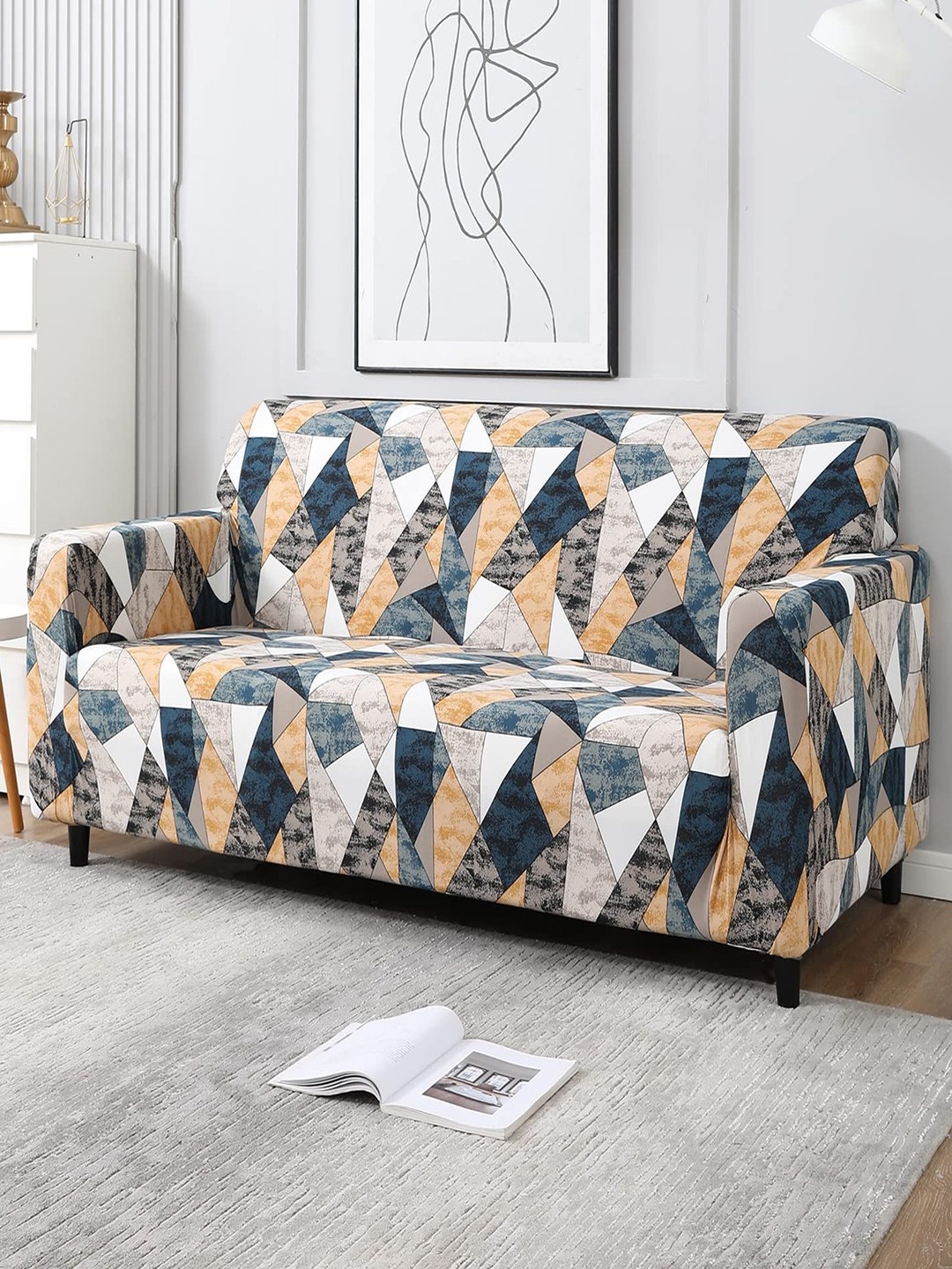 

HOKIPO Blue & Peach Printed Stretchable Universal 3 Seater Sofa Cover