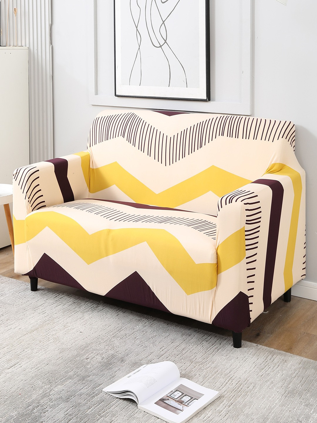 

HOKIPO Beige Printed Stretchable Universal 2 Seater Sofa Covers