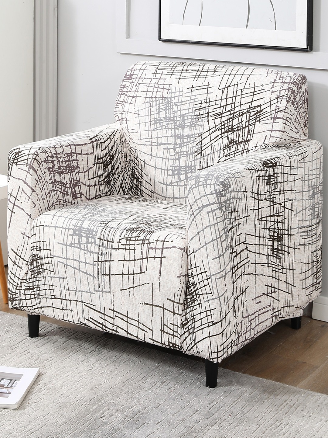 

HOKIPO Beige Printed Stretchable Universal 1 Seater Sofa Covers