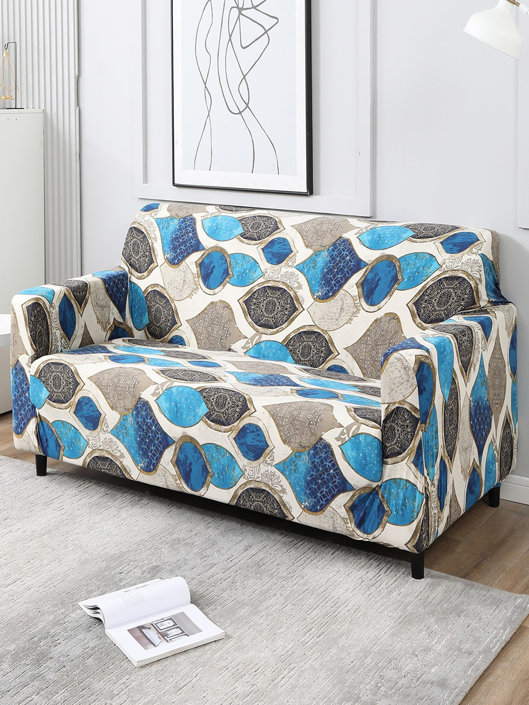 

HOKIPO Blue Printed Stretchable Universal 3 Seater Sofa Cover
