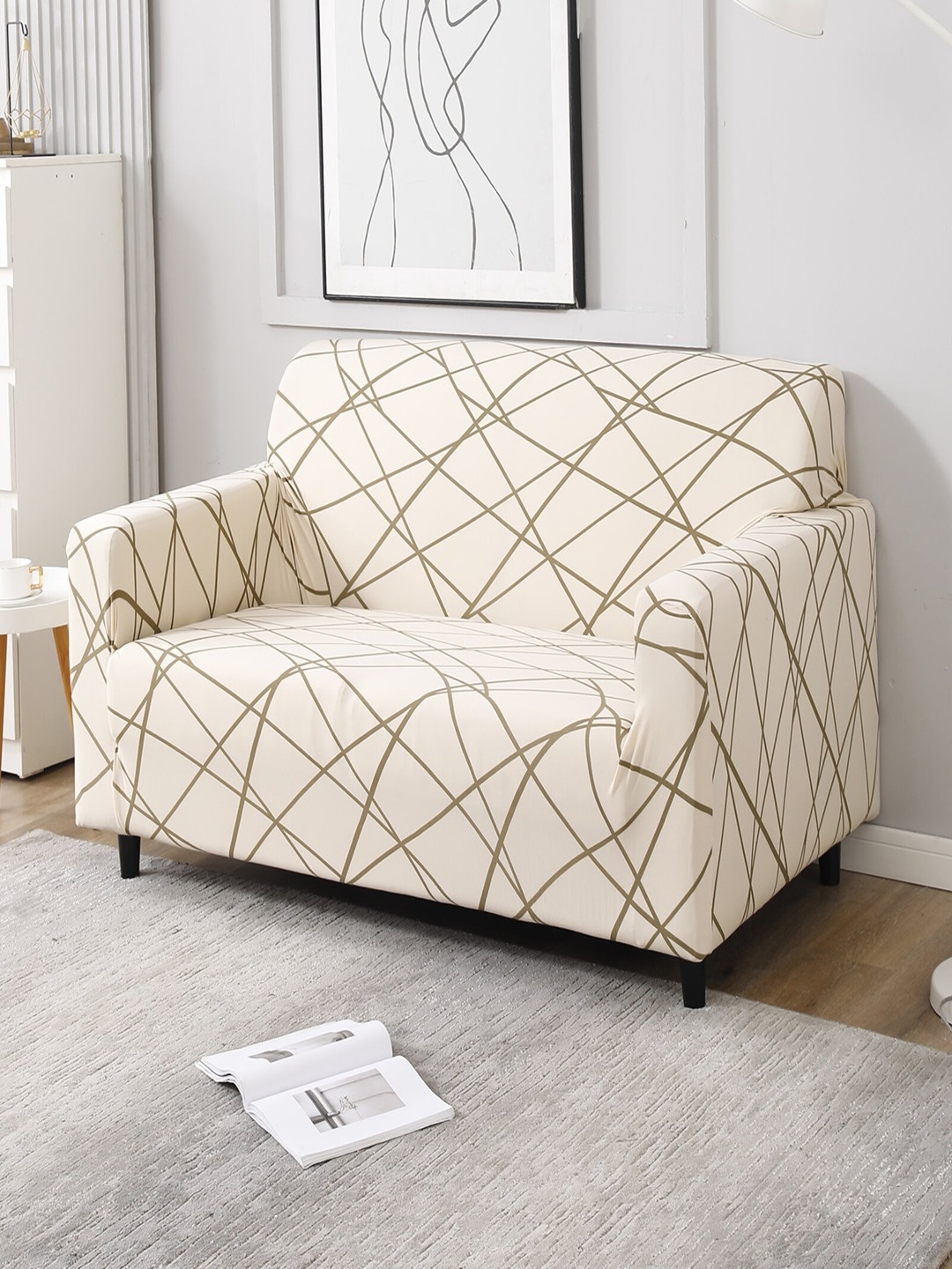

HOKIPO Beige Printed Stretchable Universal 2 Seater Sofa Covers