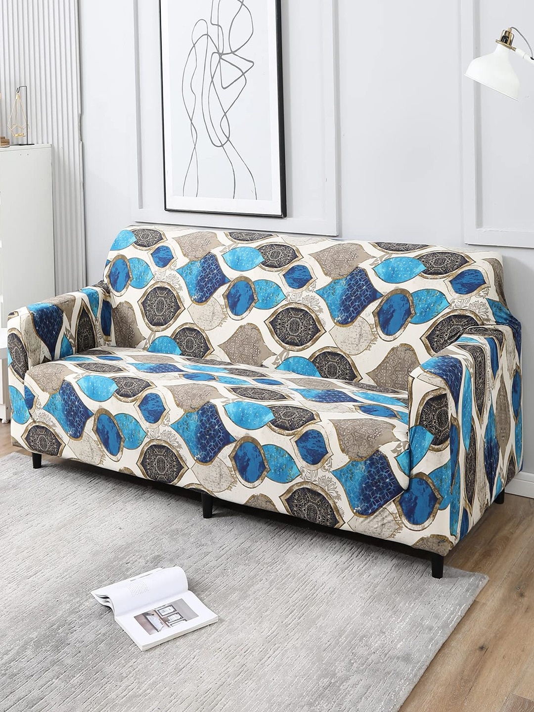 

HOKIPO Blue & Grey Printed Stretchable Universal 4 Seater Sofa Cover