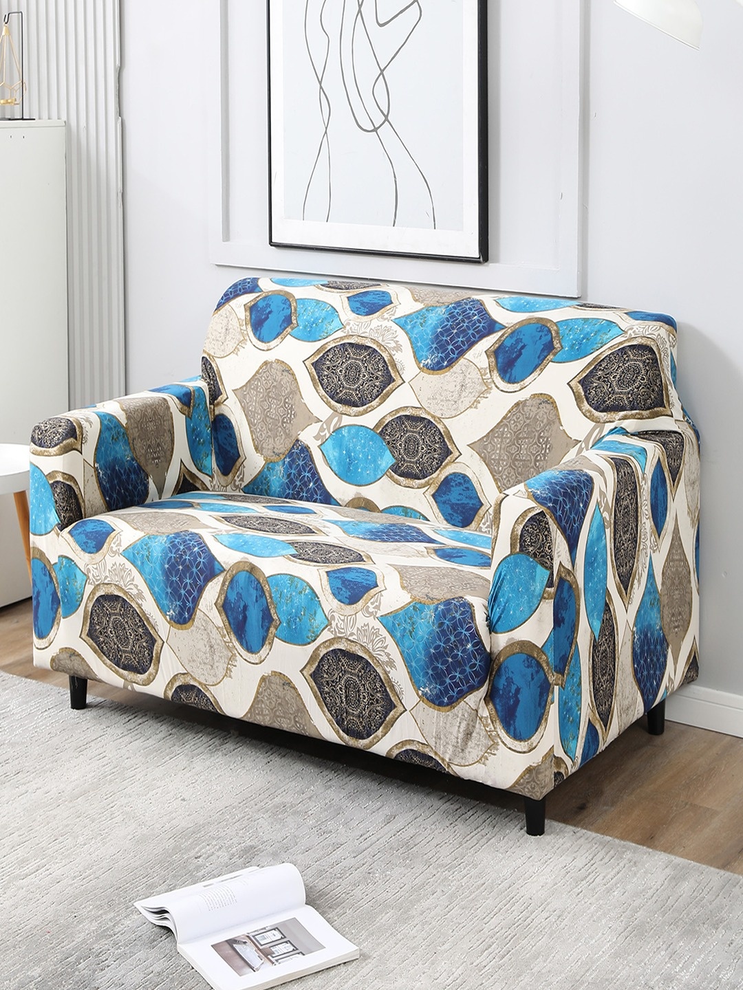

HOKIPO Blue & Beige Printed Stretchable Universal 2 Seater Sofa Cover