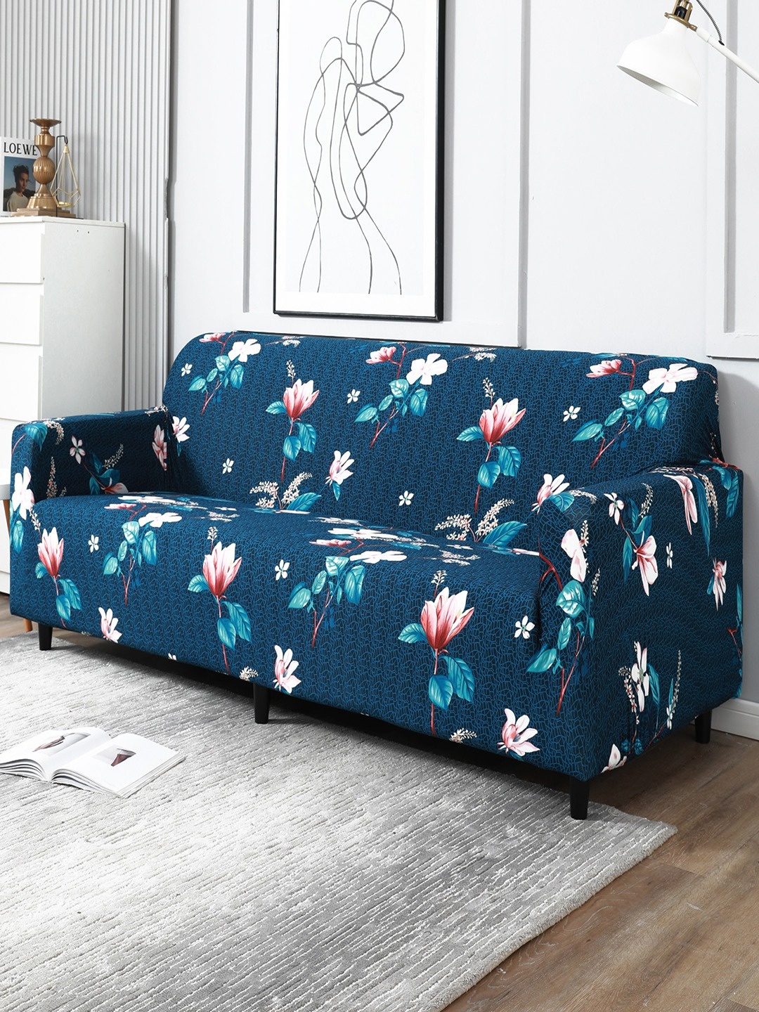 

HOKIPO Blue Printed Polyester Stretchable 4-Seater Sofa Cover