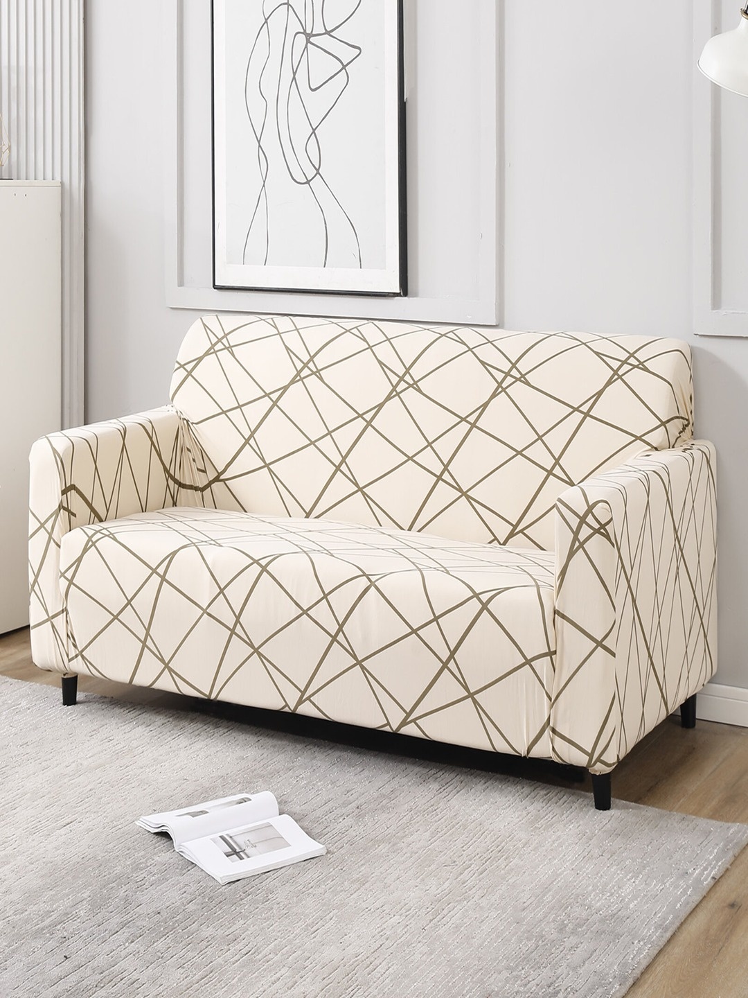 

HOKIPO Beige Printed Polyester Stretchable 3-Seater Sofa Cover