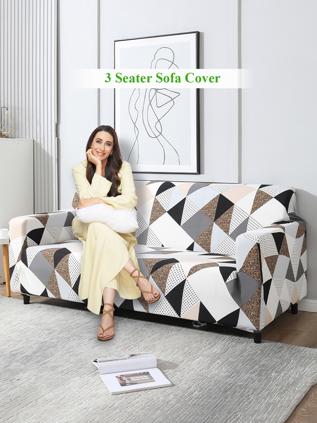 

HOKIPO Grey & White Printed Stretchable 3-Seater Sofa Cover