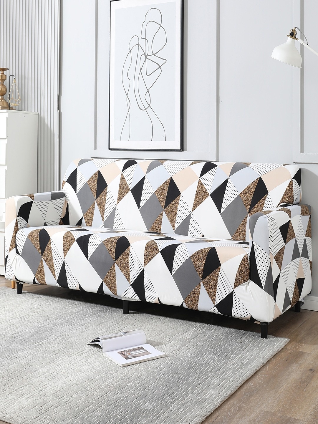 

HOKIPO Grey Printed Stretchable 4-Seater Sofa Cover