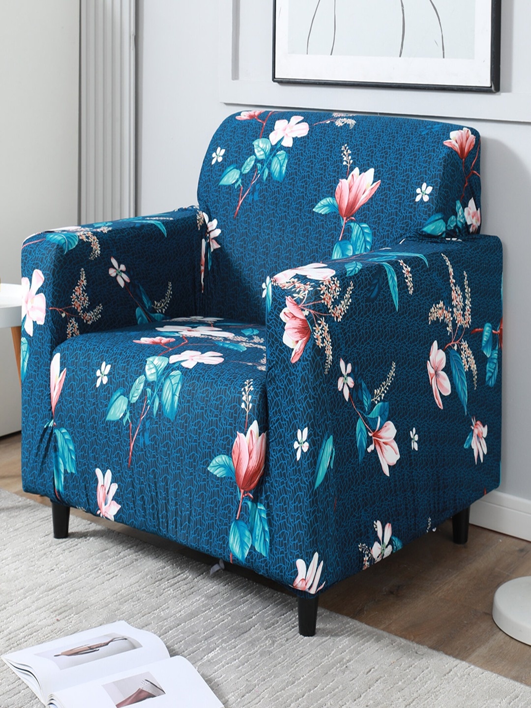 

HOKIPO Blue & Pink Printed Stretchable 1-Seater Sofa Cover