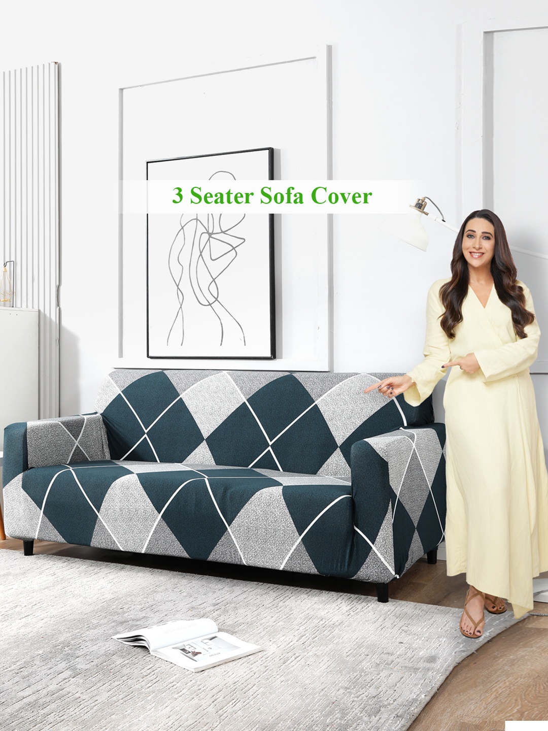 

HOKIPO Blue Printed Strectchable 3-Seater Sofa Cover