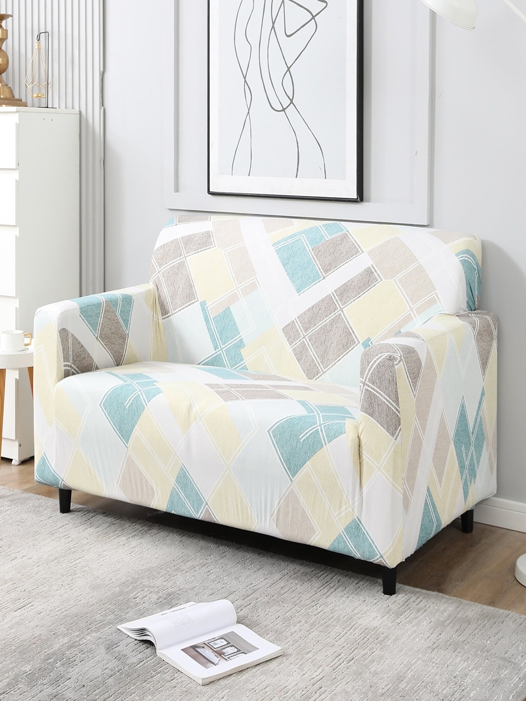 

HOKIPO White & Yellow Printed Stretchable 2-Seater Sofa Cover, Multi