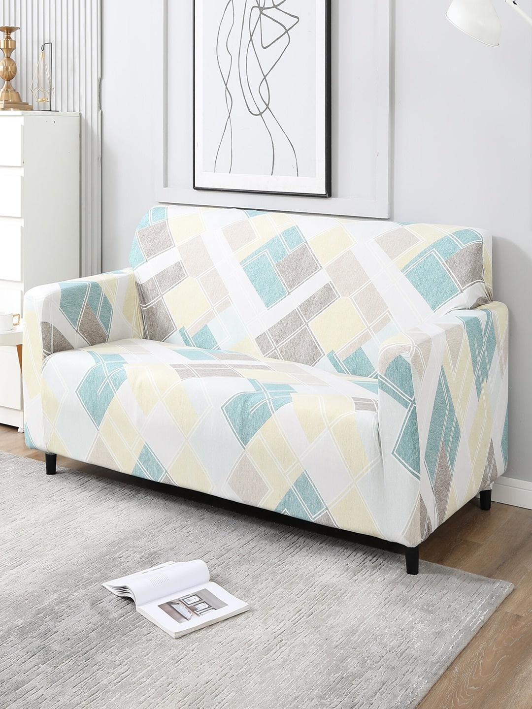 

HOKIPO White & Green Printed Polyester Stretchable 3-Seater Sofa Cover