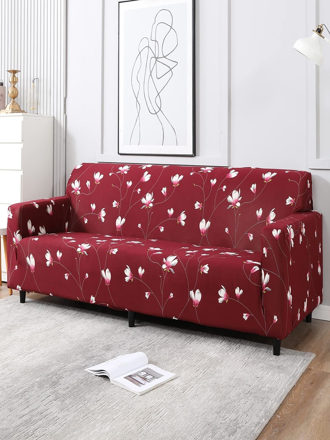 

HOKIPO Red Printed Polyester Stretchable 4-Seater Sofa Cover
