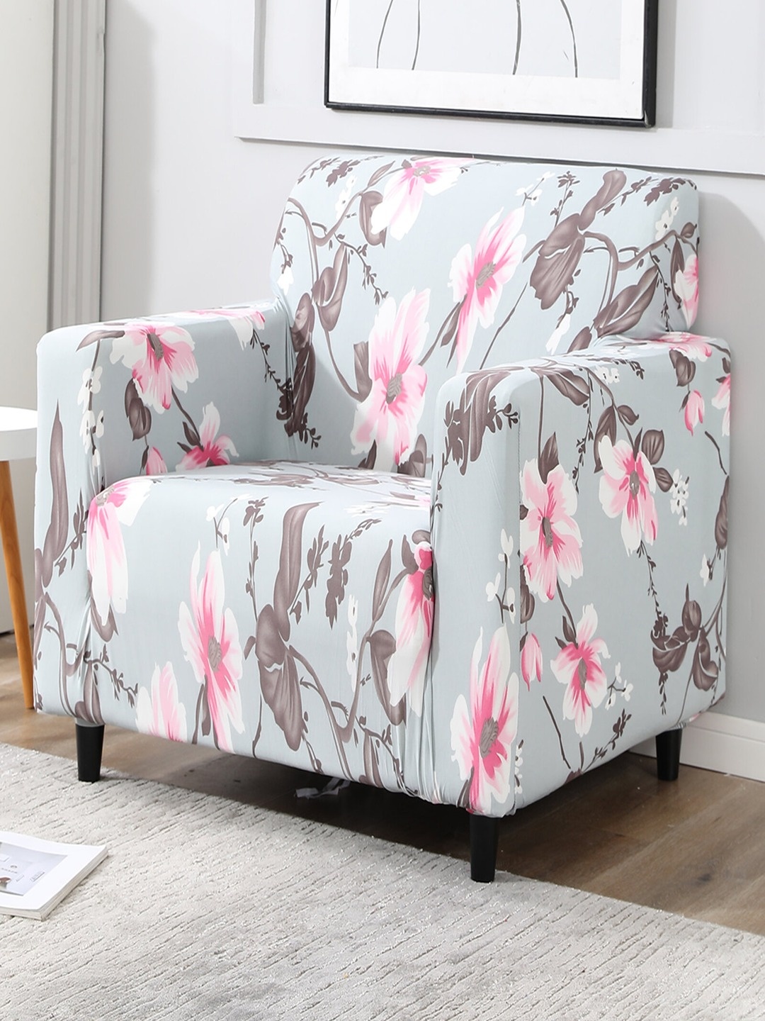 

HOKIPO Grey & Pink Printed Single Seater Sofa Cover