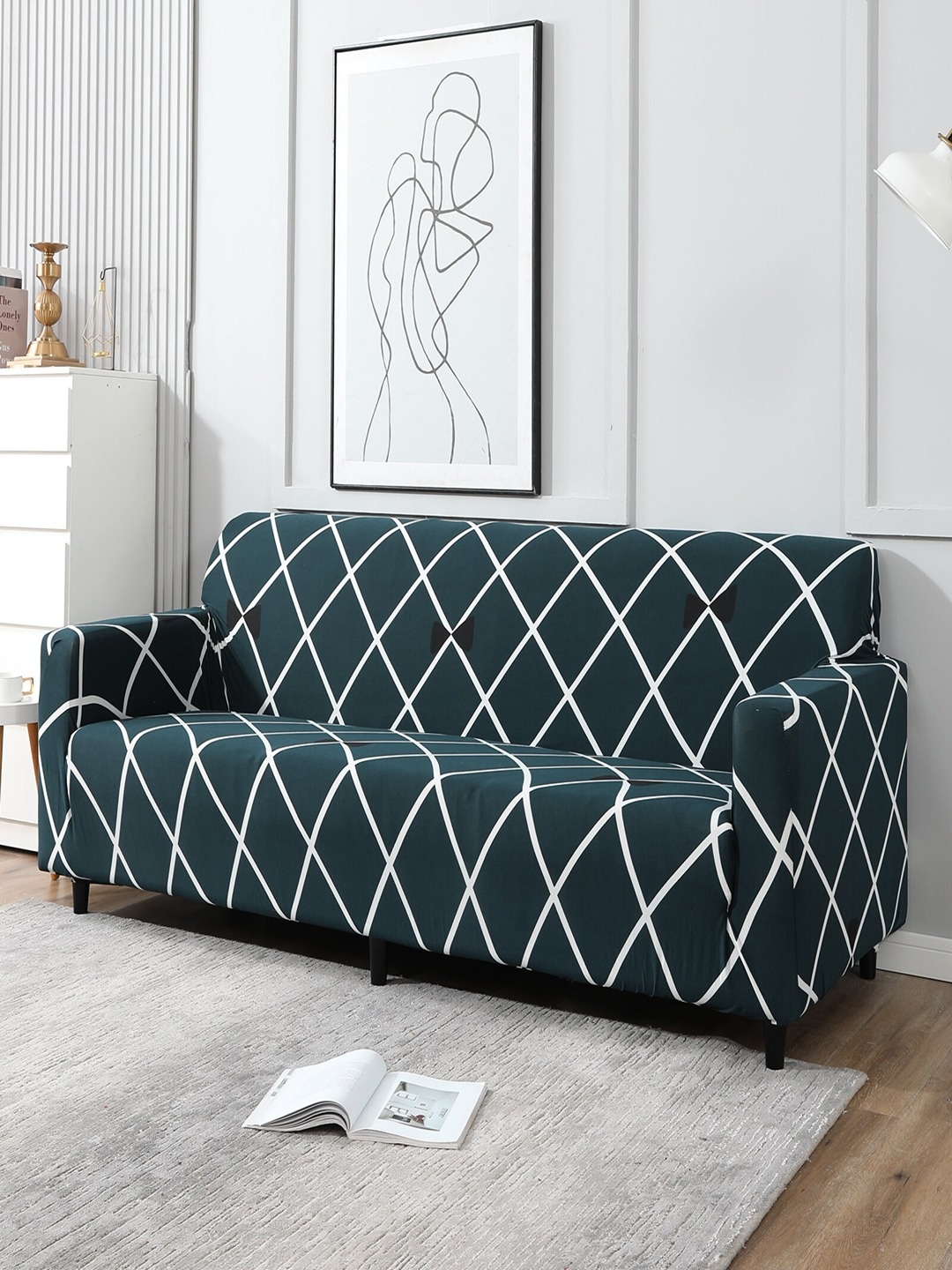 

HOKIPO Blue & White Printed Stretchable 4-Seater Sofa Covers