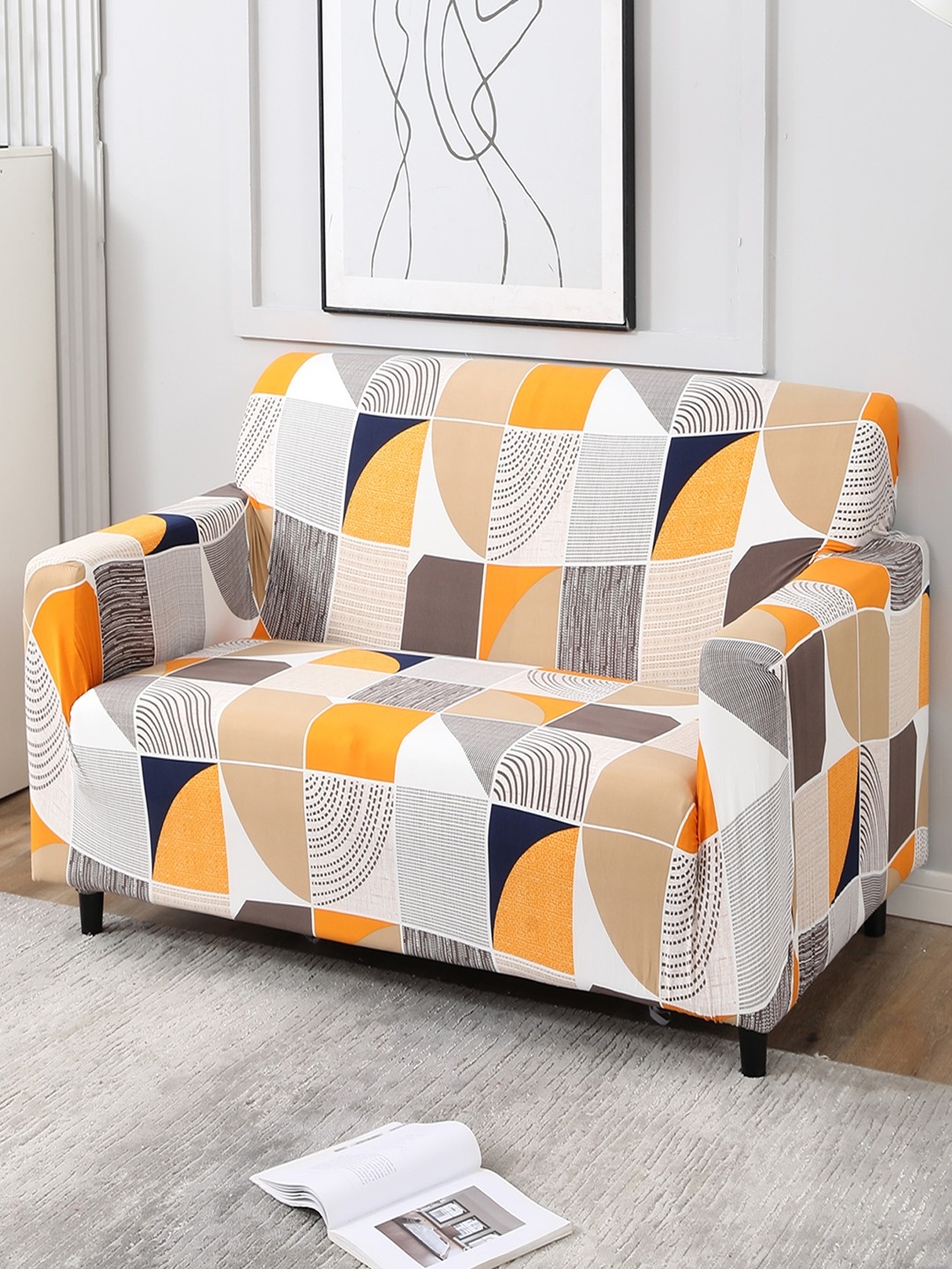 

HOKIPO Orange & Beige Printed 2-Seater Sofa Cover