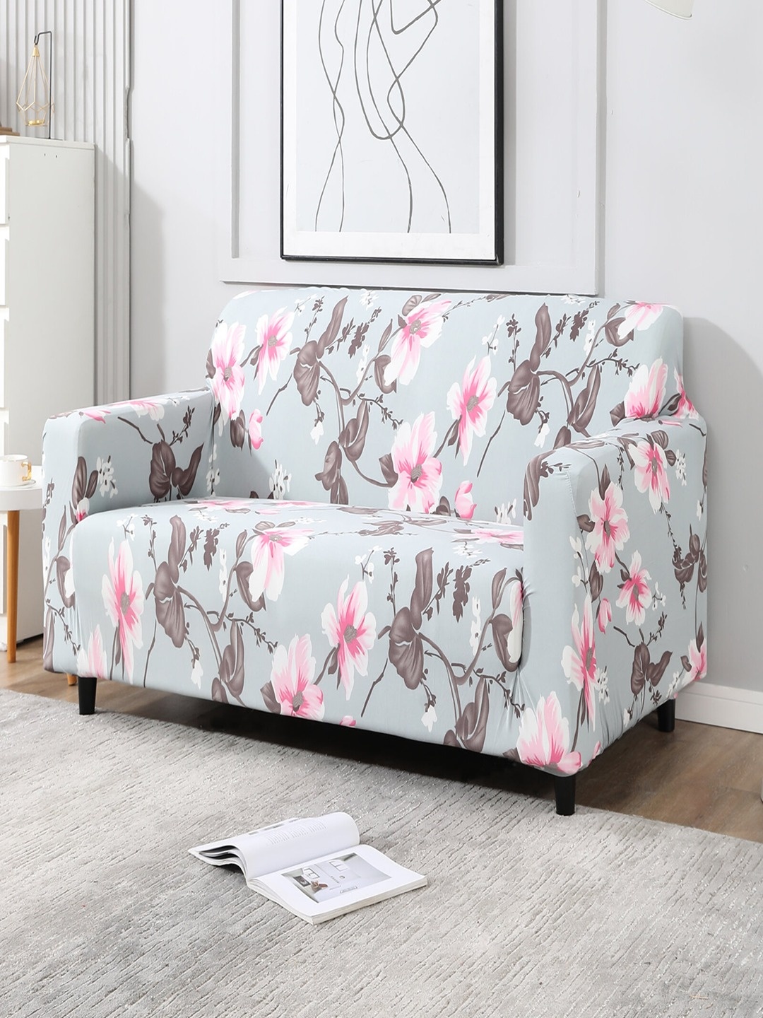 

HOKIPO Grey & Pink Printed 2-Seater Sofa Cover